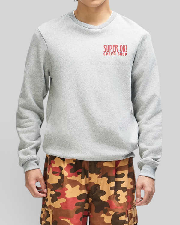 Baffle Haus grey marle box fit crew neck sweatshirt with red Super Ok Speed Shop chest print on organic cotton fleece