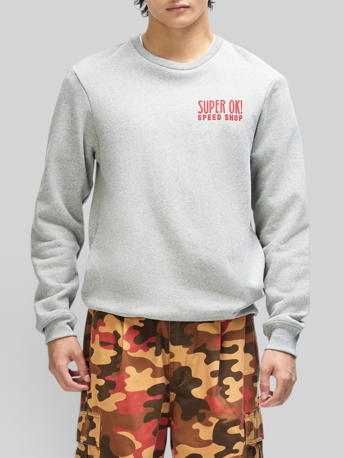 Baffle Haus grey marle box fit crew neck sweatshirt with red Super Ok Speed Shop chest print on organic cotton fleece