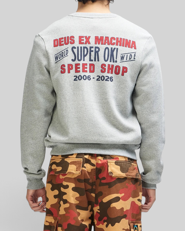 Baffle Haus grey marle crewneck sweatshirt with red and navy graphic print on back, worn with camo cargo pants.