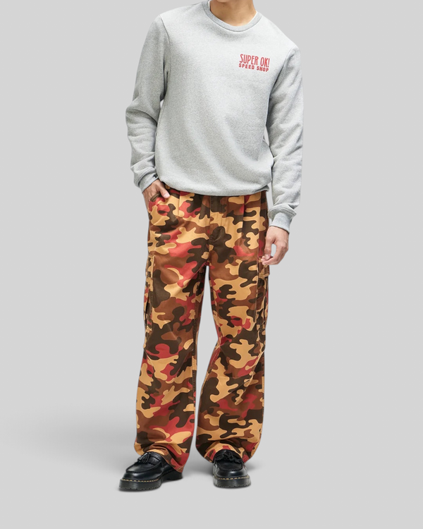 Baffle Haus Chessboxin Crew grey marle organic cotton fleece sweatshirt with red chest graphic and boxy fit