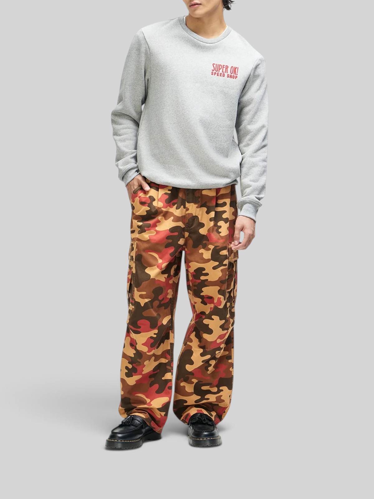 Baffle Haus Chessboxin Crew grey marle organic cotton fleece sweatshirt with red chest graphic and boxy fit