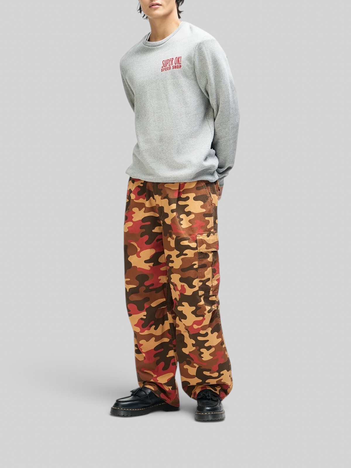Baffle Haus Chessboxin Crew grey marle organic cotton fleece sweatshirt with red chest graphic and boxy fit