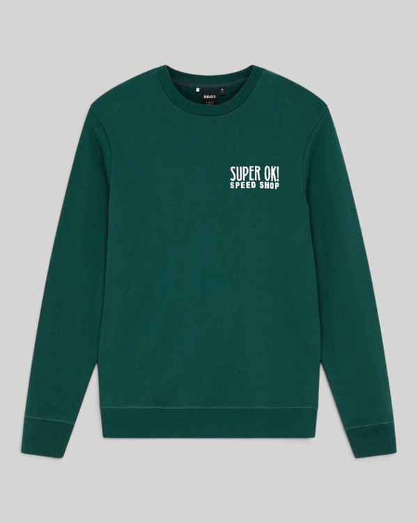 Baffle Haus racing green organic cotton crewneck sweatshirt with white Super OK Speed Shop chest graphic