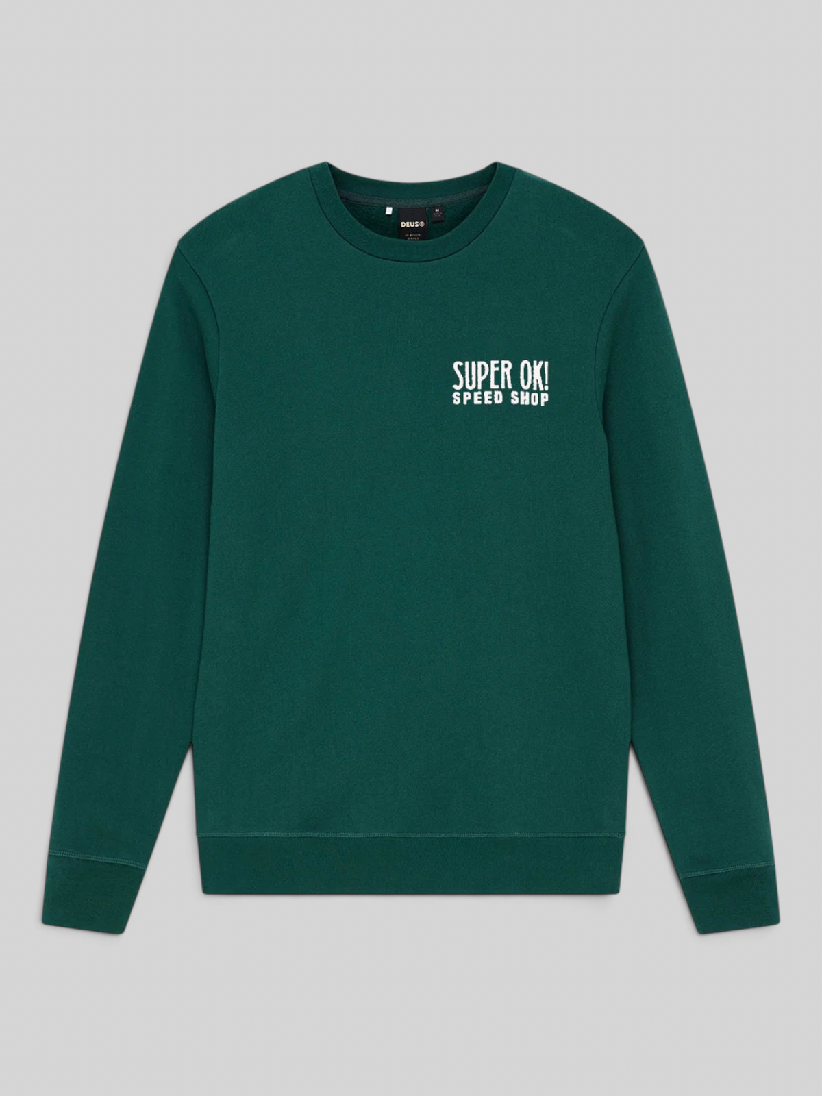 Baffle Haus racing green organic cotton crewneck sweatshirt with white Super OK Speed Shop chest graphic
