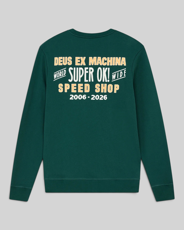 Baffle Haus Chessboxin Crew racing green sweatshirt with vintage-style graphic print on the back
