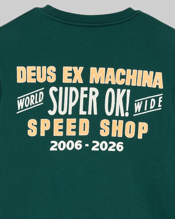 Baffle Haus Chessboxin Crew sweatshirt in racing green with vintage-style cream and orange graphic print on back