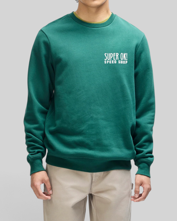 Baffle Haus Chessboxin Crew sweatshirt in racing green with white Super OK! Speed Shop chest graphic and boxy fit.