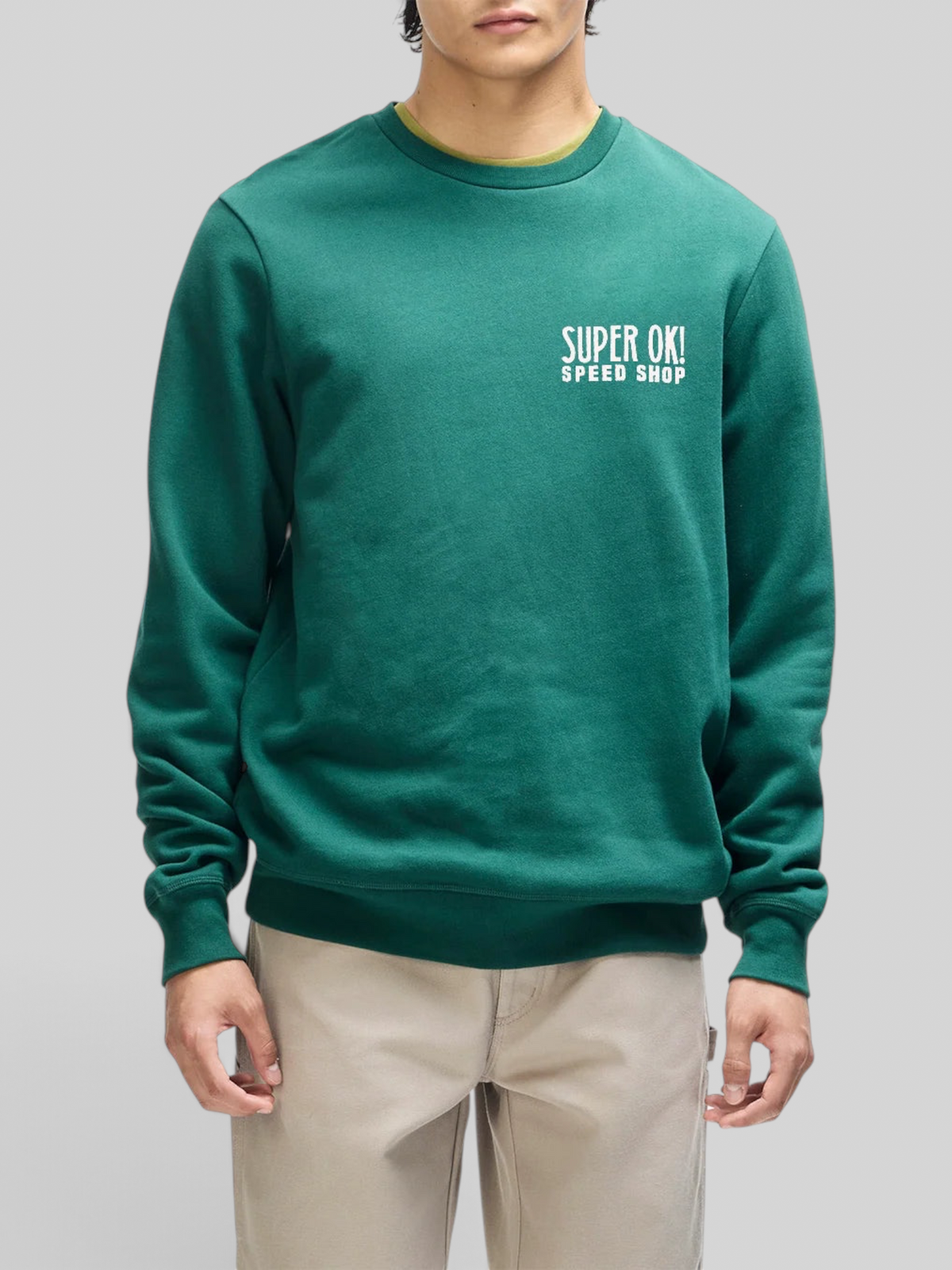 Baffle Haus Chessboxin Crew sweatshirt in racing green with white Super OK! Speed Shop chest graphic and boxy fit.