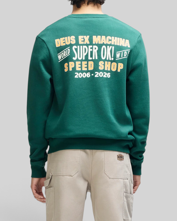 Baffle Haus Chessboxin Crew racing green sweatshirt with graphic print on back, organic cotton fleece, box fit.