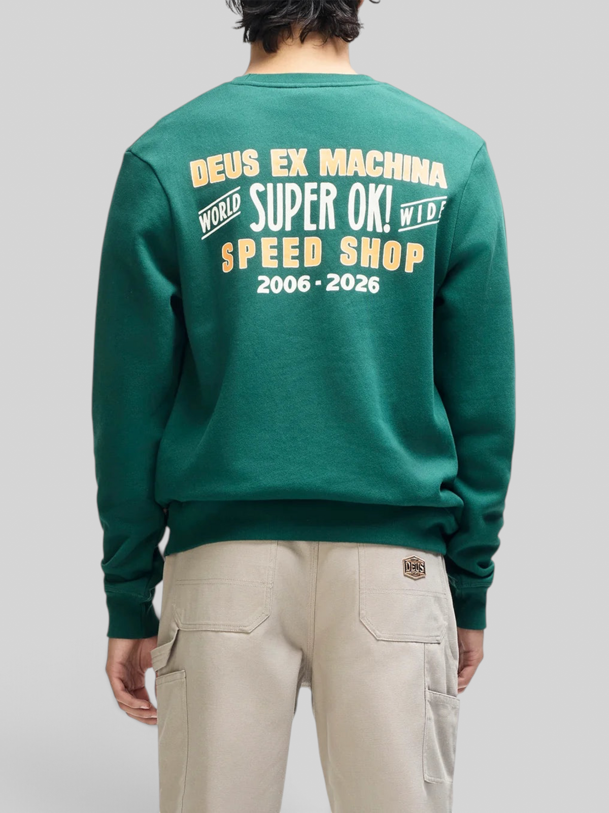 Baffle Haus Chessboxin Crew racing green sweatshirt with graphic print on back, organic cotton fleece, box fit.