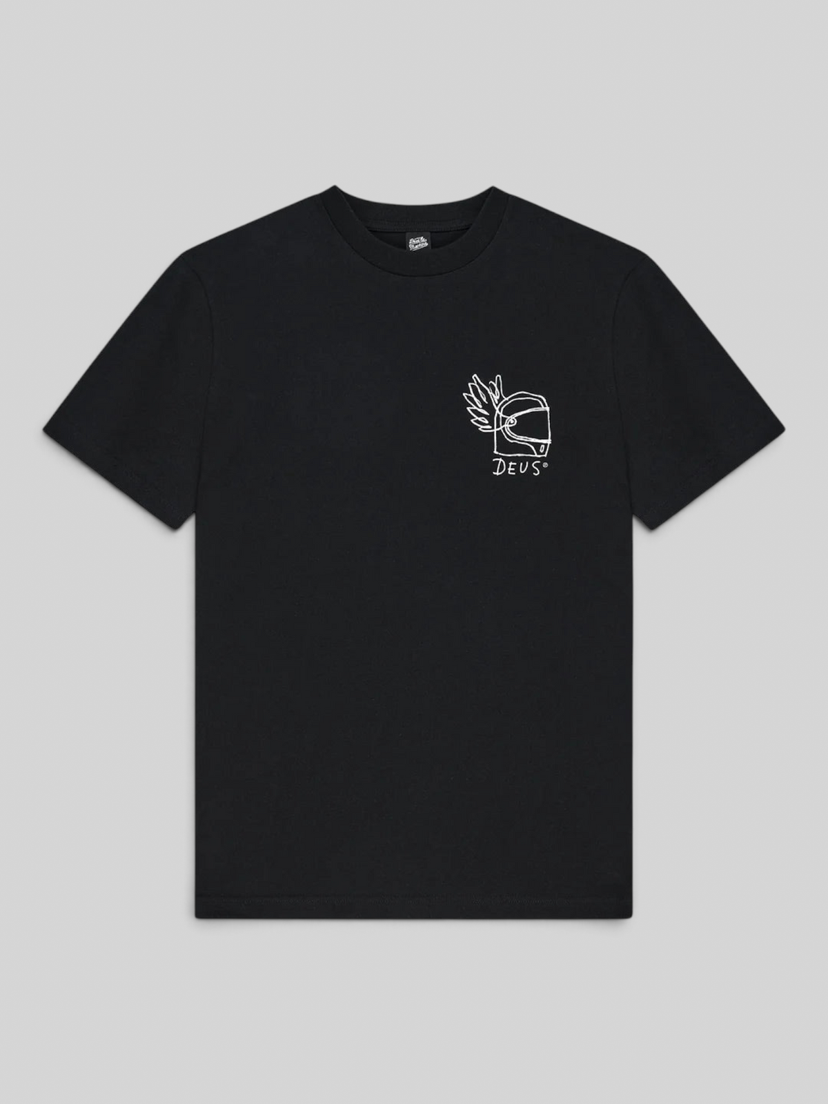 Baffle Haus Harajuku Helmet black organic cotton t-shirt with white graphic print on chest