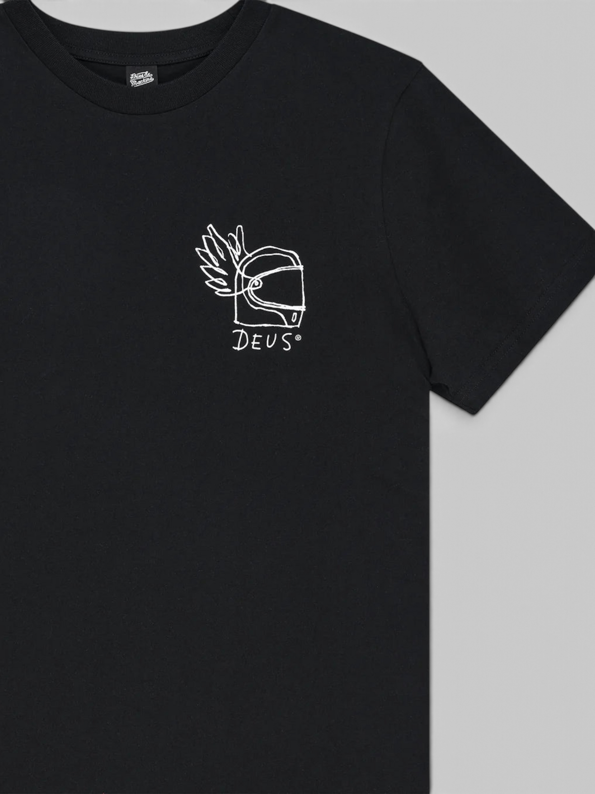Baffle Haus black organic cotton t-shirt featuring a white hand-drawn winged helmet graphic on the chest
