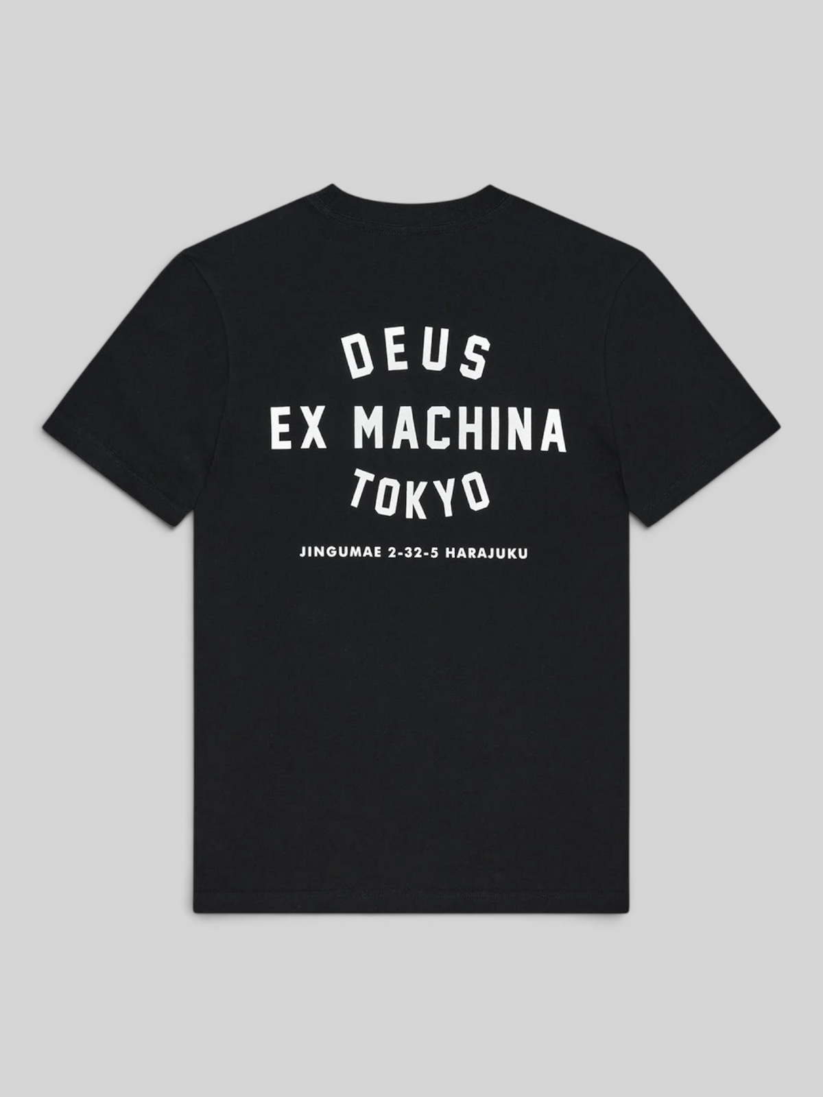 Baffle Haus Harajuku Helmet black organic cotton t-shirt with white Deus Ex Machina Tokyo back graphic print