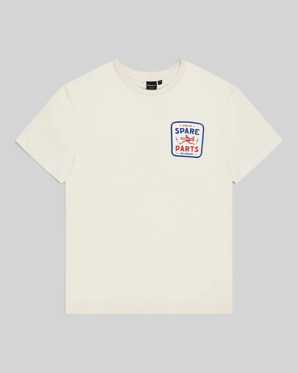 Baffle Haus Mudflap Tee in vintage white organic cotton with a blue and red graphic print on the chest
