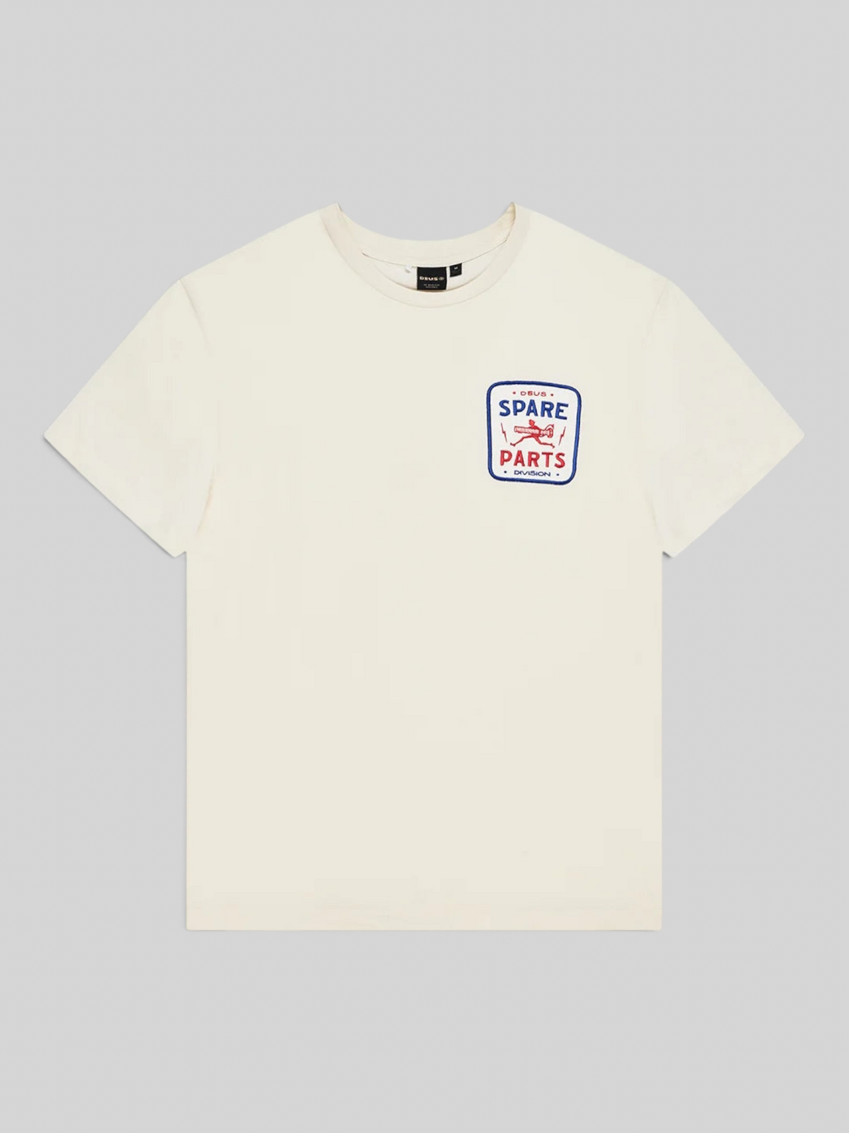 Baffle Haus Mudflap Tee in vintage white organic cotton with a blue and red graphic print on the chest
