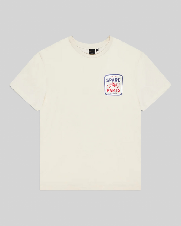 Baffle Haus Mudflap Tee in vintage white organic cotton with a boxy fit and Spare Parts graphic print on the chest.
