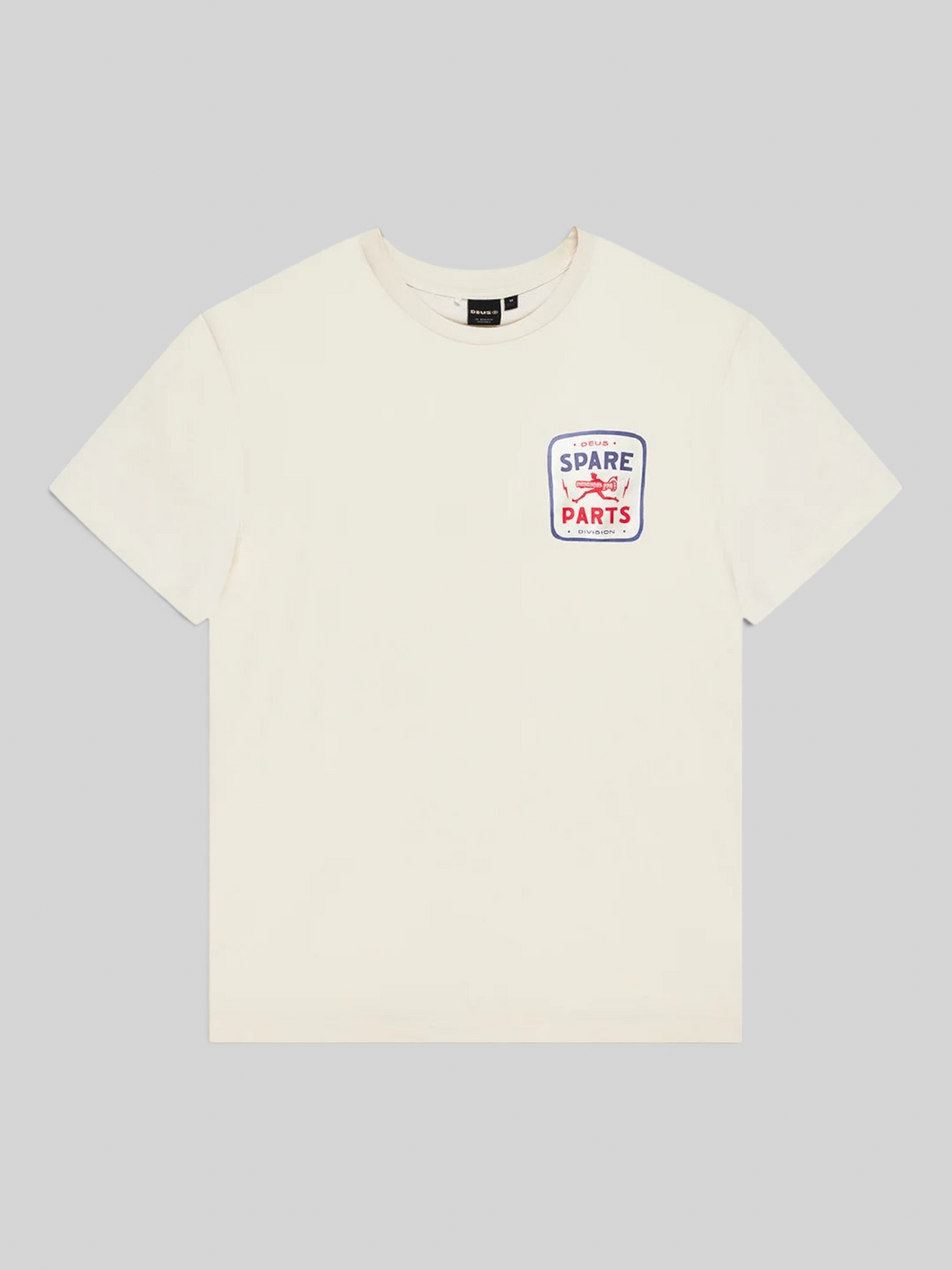 Baffle Haus Mudflap Tee in vintage white organic cotton with a boxy fit and Spare Parts graphic print on the chest.