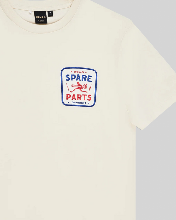 Baffle Haus Mudflap Tee in vintage white organic cotton with a blue and red graphic print on the chest
