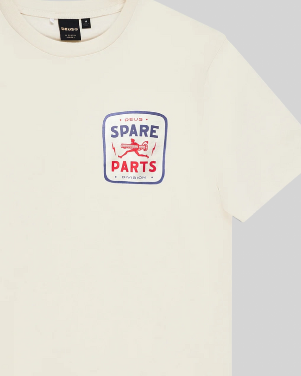 Baffle Haus vintage white organic cotton box fit t-shirt with blue and red Spare Parts graphic print on chest