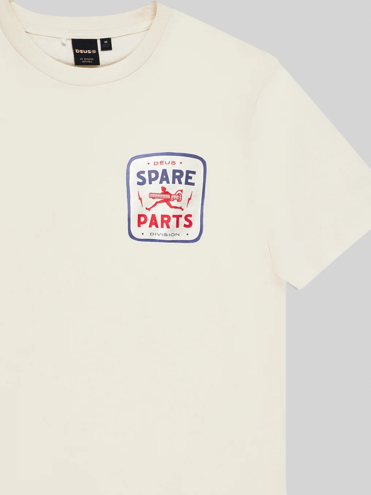 Baffle Haus vintage white organic cotton box fit t-shirt with blue and red Spare Parts graphic print on chest