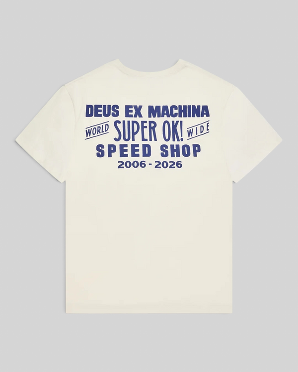 Baffle Haus Mudflap Tee in vintage white organic cotton with blue graphic print on the back