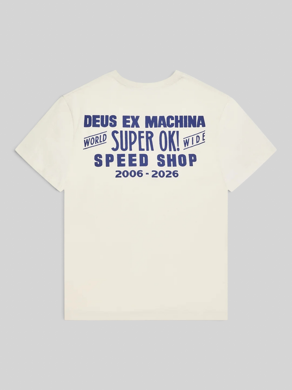Baffle Haus Mudflap Tee in vintage white organic cotton with blue graphic print on the back