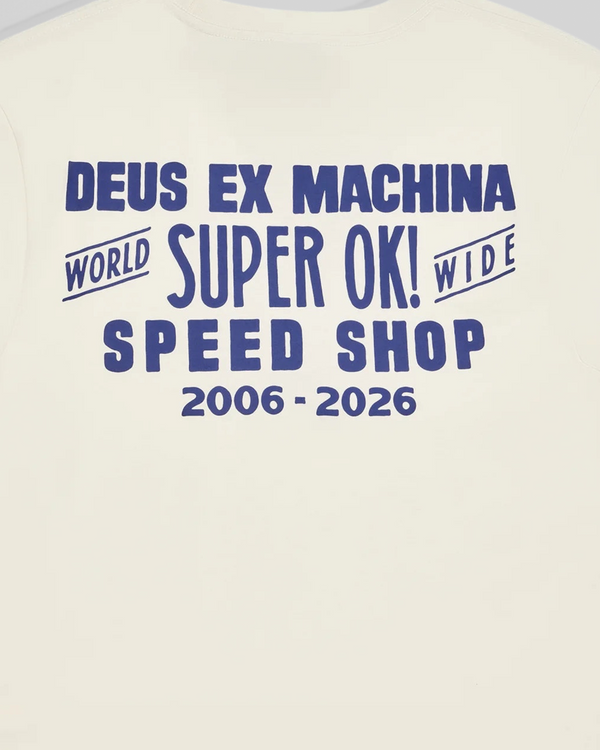 Baffle Haus Mudflap Tee in vintage white organic cotton with blue graphic print on the back