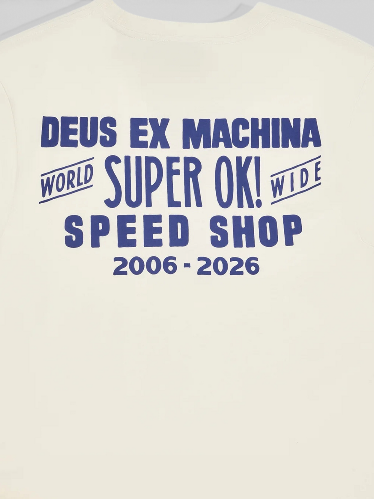 Baffle Haus Mudflap Tee in vintage white organic cotton with blue graphic print on the back