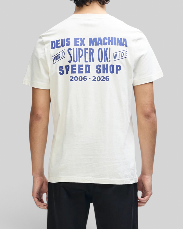 Baffle Haus Mudflap Tee in vintage white organic cotton with blue graphic print on the back, box fit style.