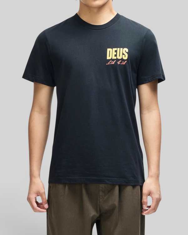 Baffle Haus black box fit organic cotton t-shirt with yellow and red chest graphic on a male model
