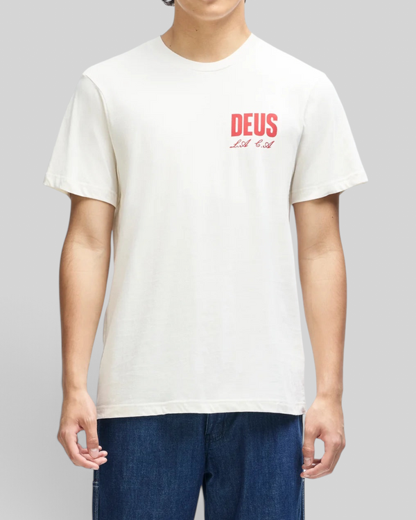 Baffle Haus vintage white box fit organic cotton tee with red chest graphic print worn by a model