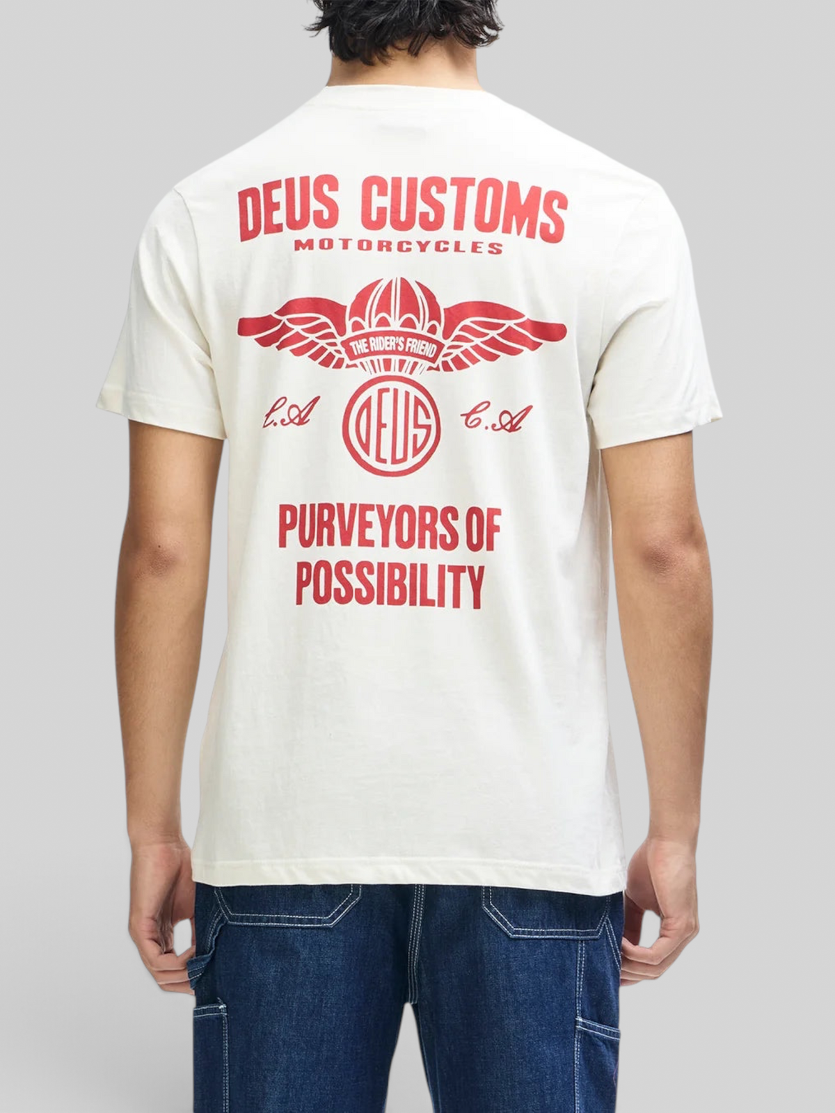 Baffle Haus vintage white box fit organic cotton t-shirt with red graphic print on the back