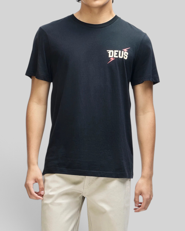 Baffle Haus Global Spark black box fit organic cotton t-shirt with chest graphic on a male model