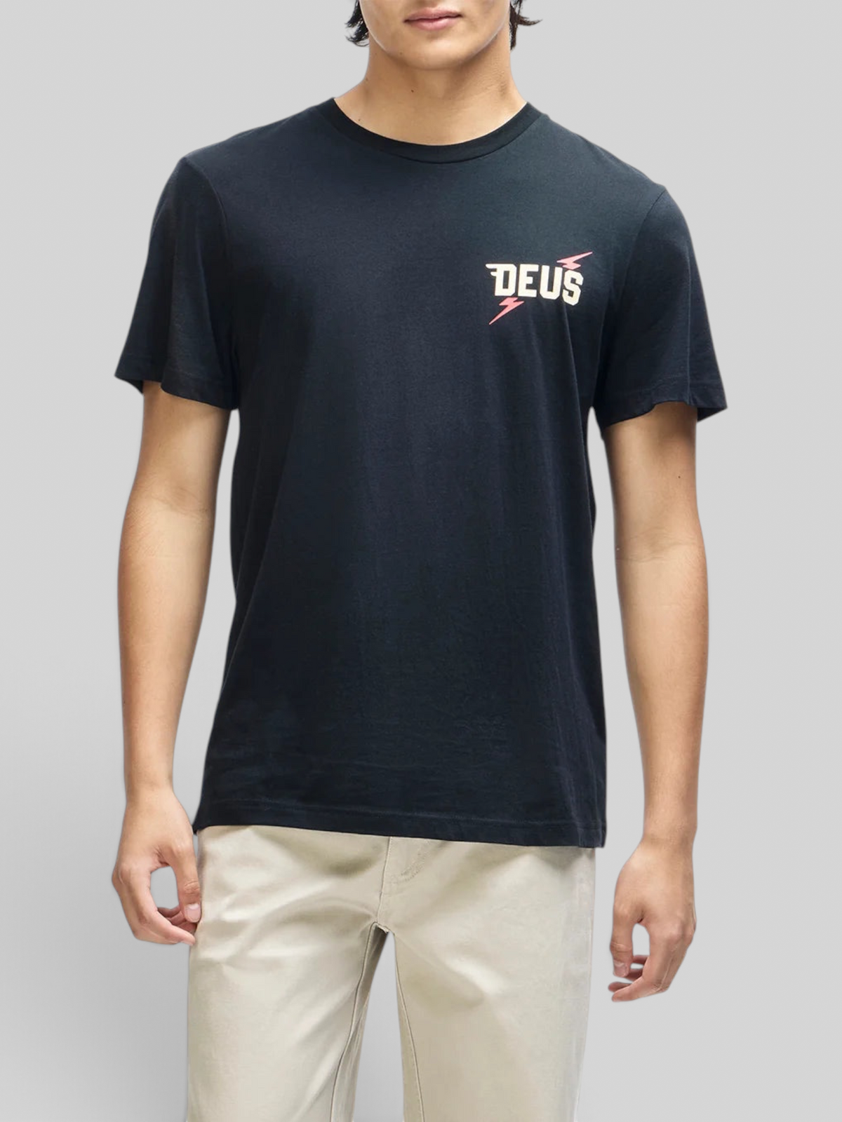 Baffle Haus Global Spark black box fit organic cotton t-shirt with chest graphic on a male model