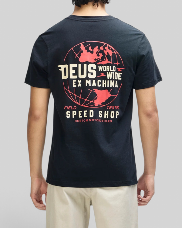 Baffle Haus Global Spark black box fit organic cotton tee with red and cream globe graphic on the back