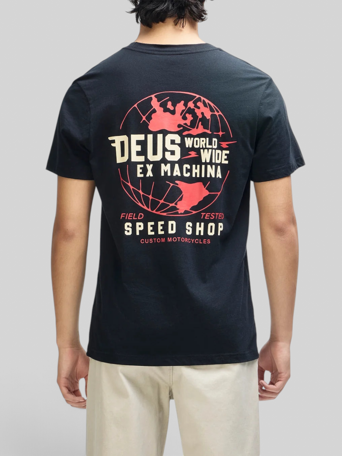Baffle Haus Global Spark black box fit organic cotton tee with red and cream globe graphic on the back