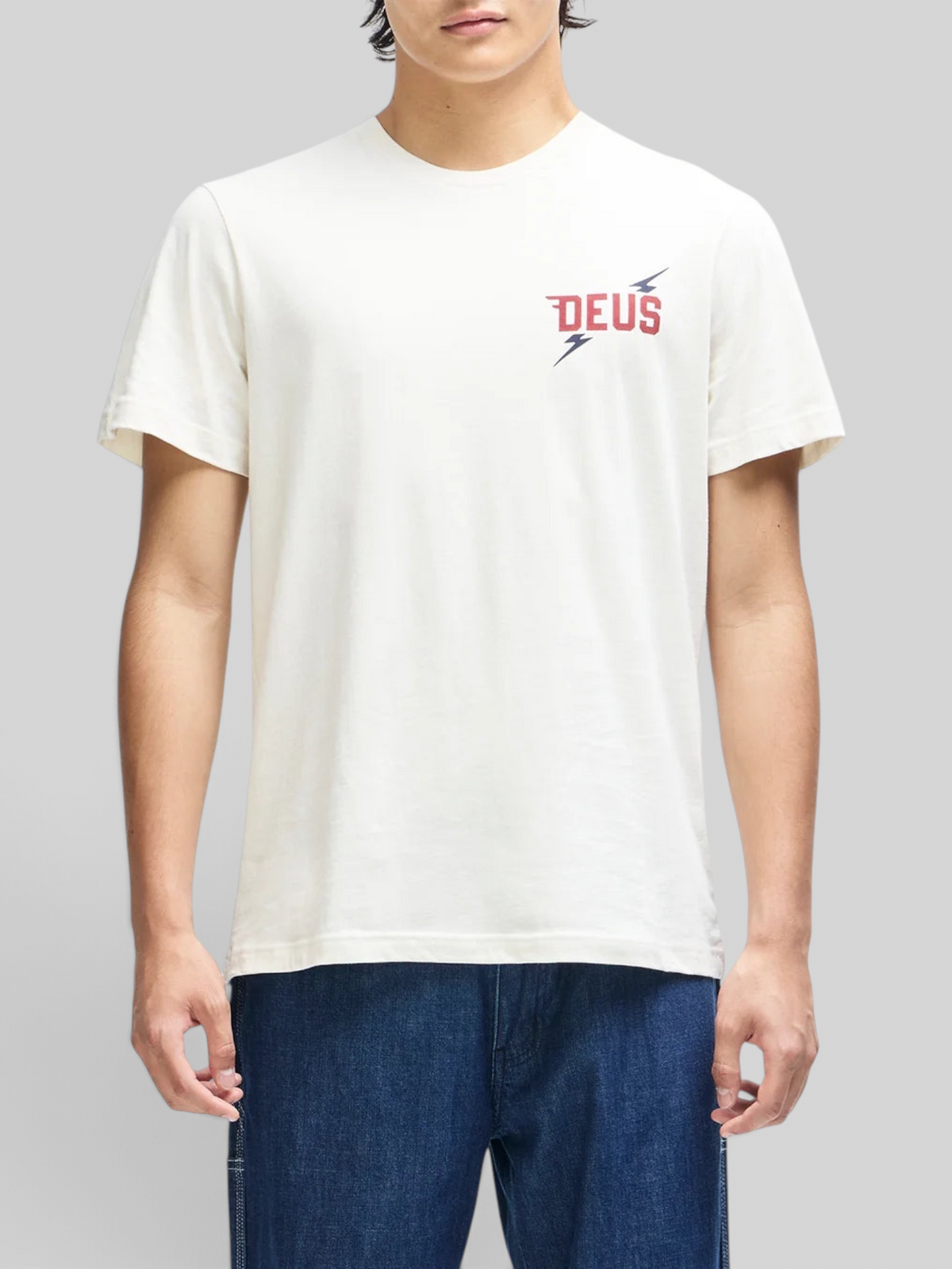 Baffle Haus Global Spark box fit tee in vintage white organic cotton with red and black chest graphic