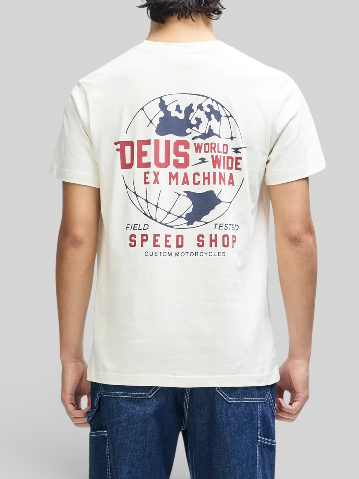 Baffle Haus Global Spark vintage white box fit tee with red and blue globe graphic print on the back