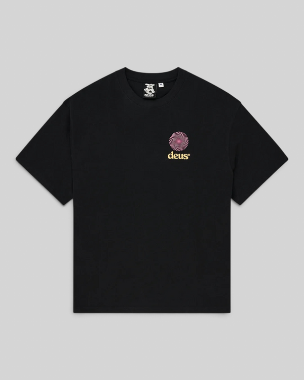 Baffle Haus Strata OS black oversized t-shirt in heavy recycled cotton with pink spiral chest graphic