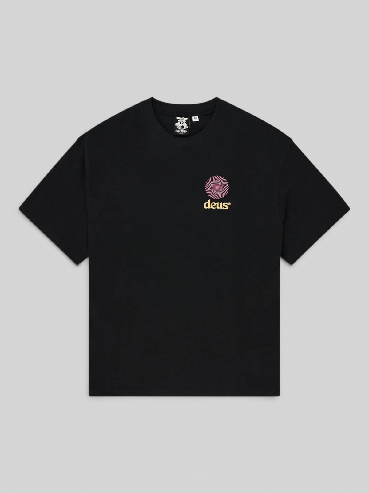 Baffle Haus Strata OS black oversized t-shirt in heavy recycled cotton with pink spiral chest graphic