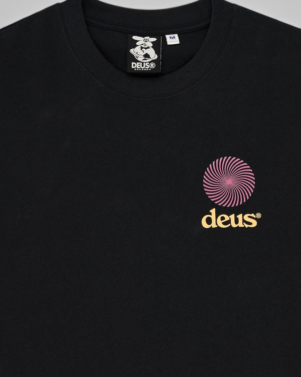 Baffle Haus black oversized recycled cotton t-shirt featuring a pink spiral graphic and yellow logo on the chest