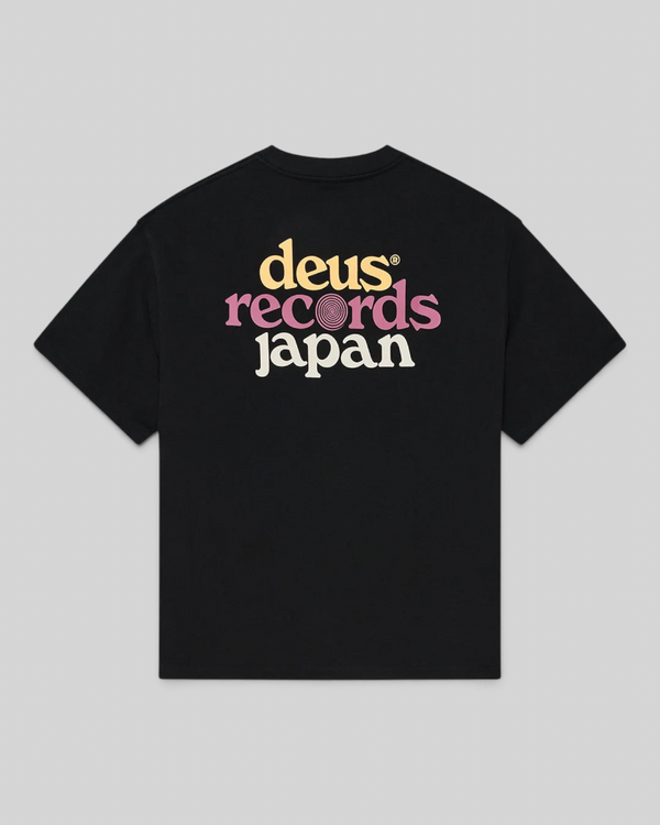 Baffle Haus Strata OS black oversized recycled cotton t-shirt with colourful Deus Records Japan back graphic print