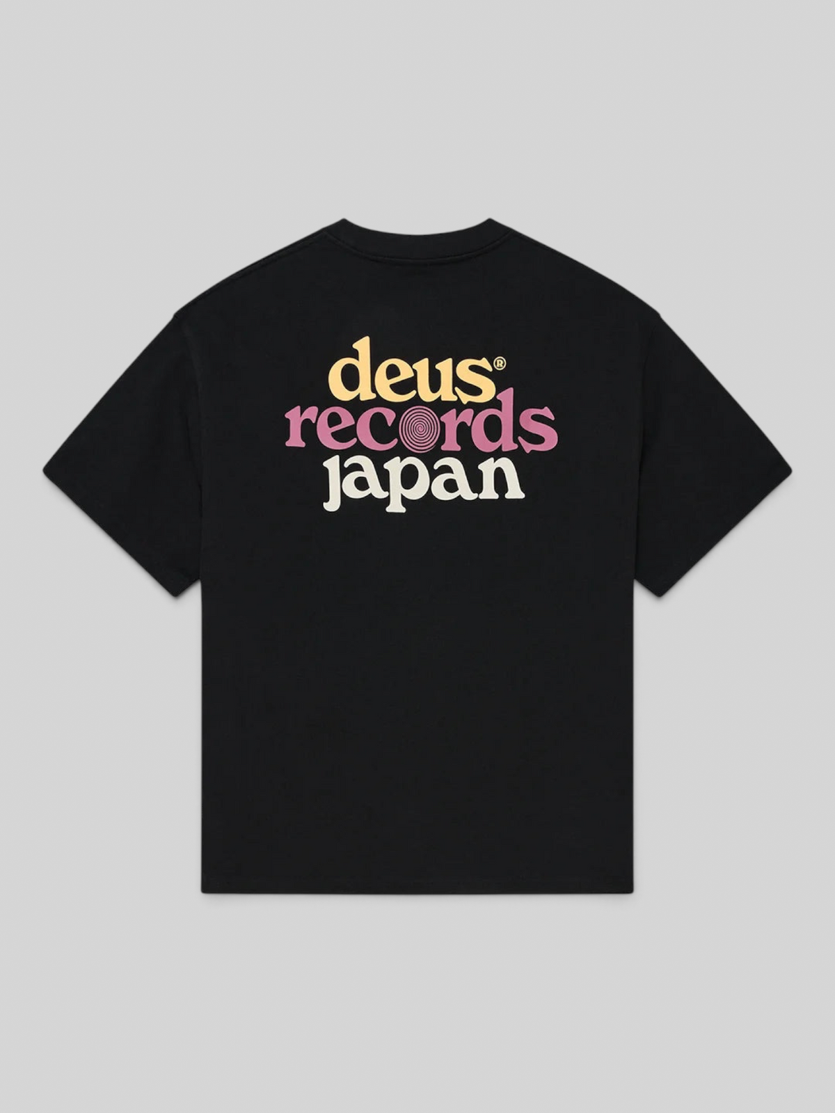 Baffle Haus Strata OS black oversized recycled cotton t-shirt with colourful Deus Records Japan back graphic print