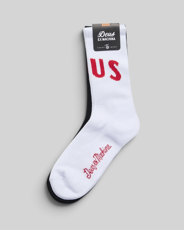 Baffle Haus Ranger crew socks in a two-pack featuring white cotton knit with red US lettering and script logo