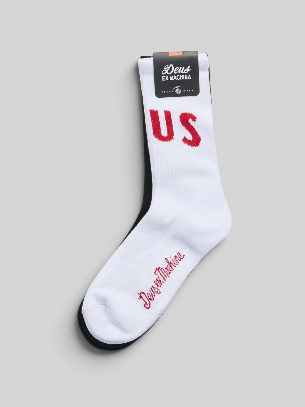 Baffle Haus Ranger crew socks in a two-pack featuring white cotton knit with red US lettering and script logo