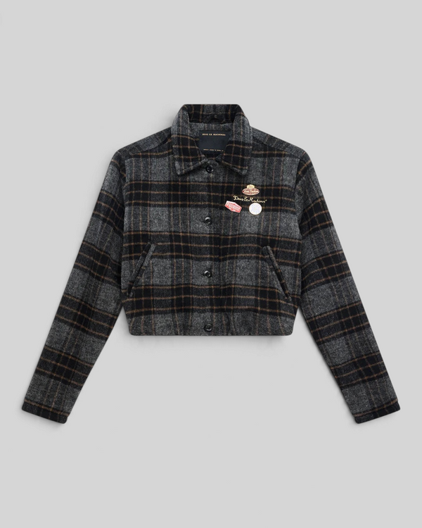 Baffle Haus Lost World cropped bomber jacket in phantom grey plaid wool blend with custom pins and button front