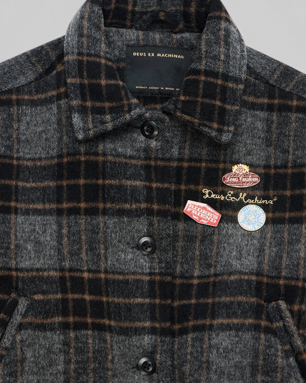 Baffle Haus Lost World wool blend bomber jacket in phantom grey check with custom Deus Ex Machina pins and embroidery