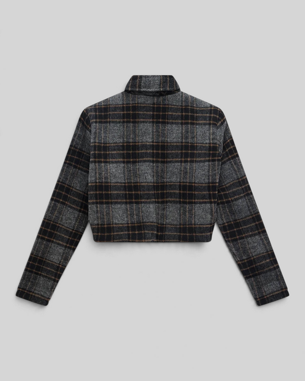 Baffle Haus Lost World wool blend bomber jacket in phantom grey check, back view of cropped fit with collar.