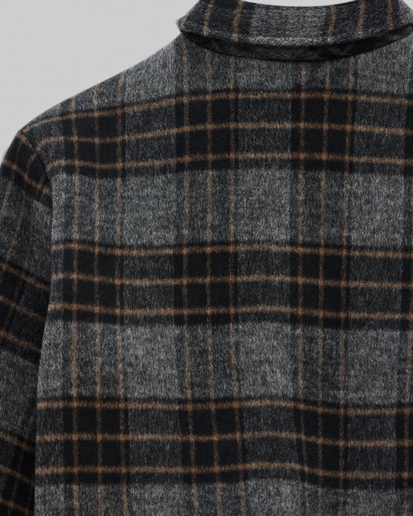 Baffle Haus Lost World bomber jacket in phantom grey check wool blend fabric with a classic collar