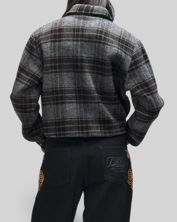 Baffle Haus Lost World wool blend bomber jacket in phantom grey check with a cropped fit and button-up front.